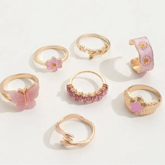 Gold and Pink Butterfly Ring Set - Picture 3 of 8